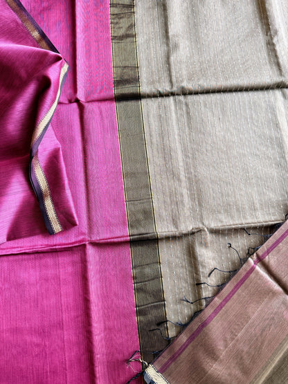 Carnation Pink Thin Border Maheshwari Saree