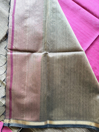 Carnation Pink Thin Border Maheshwari Saree