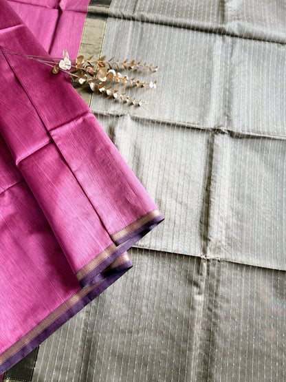 Carnation Pink Thin Border Maheshwari Saree
