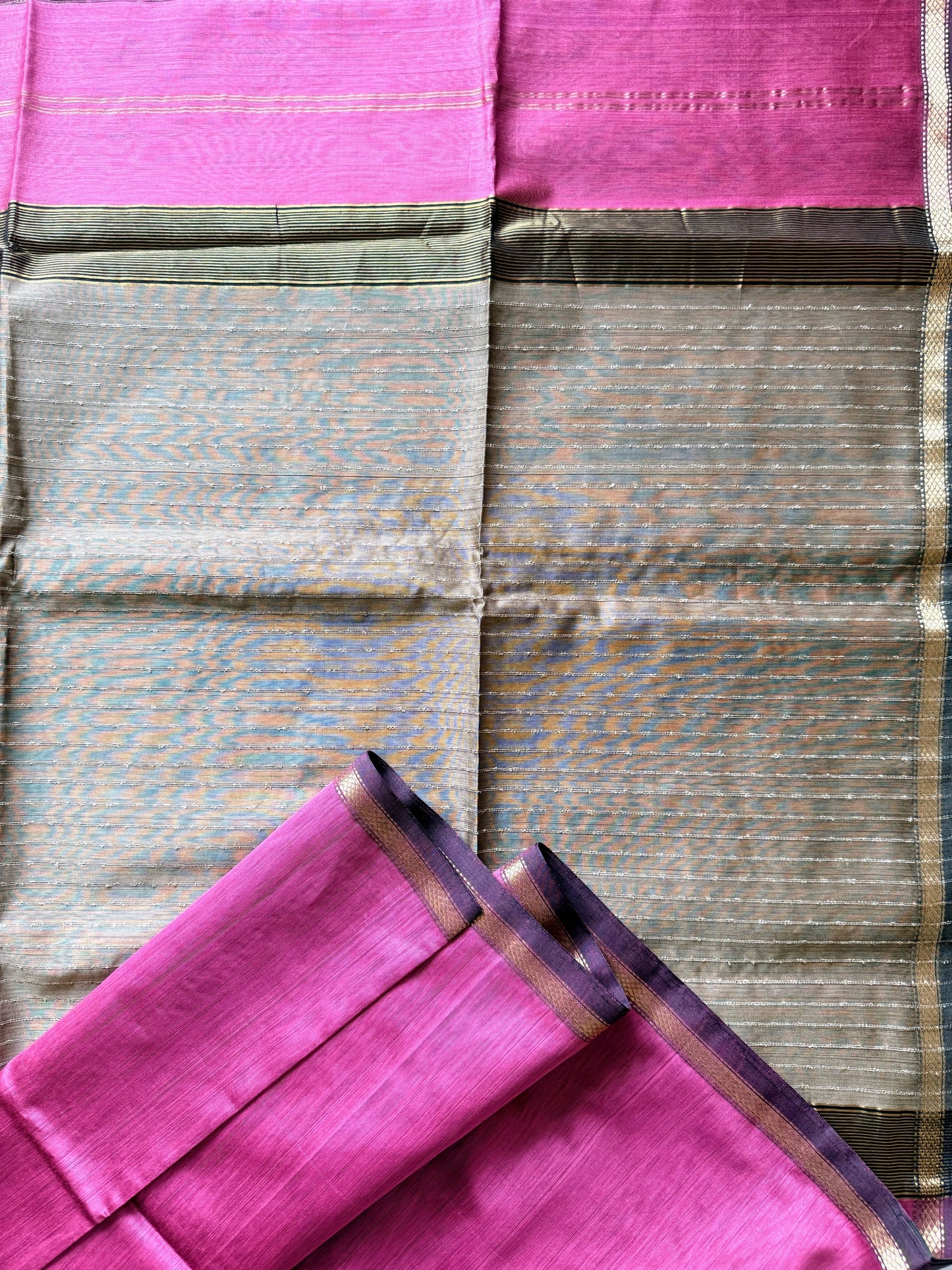 Carnation Pink Thin Border Maheshwari Saree
