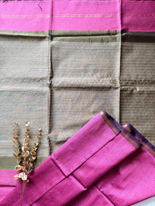 Carnation Pink Thin Border Maheshwari Saree