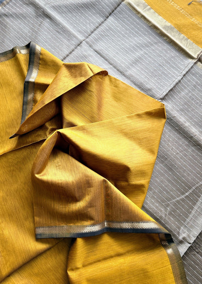 Mustard Yellow Thin Border Maheshwari Saree