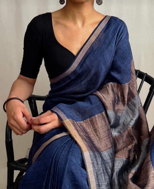 Midnight Blue Khadi Cotton Saree