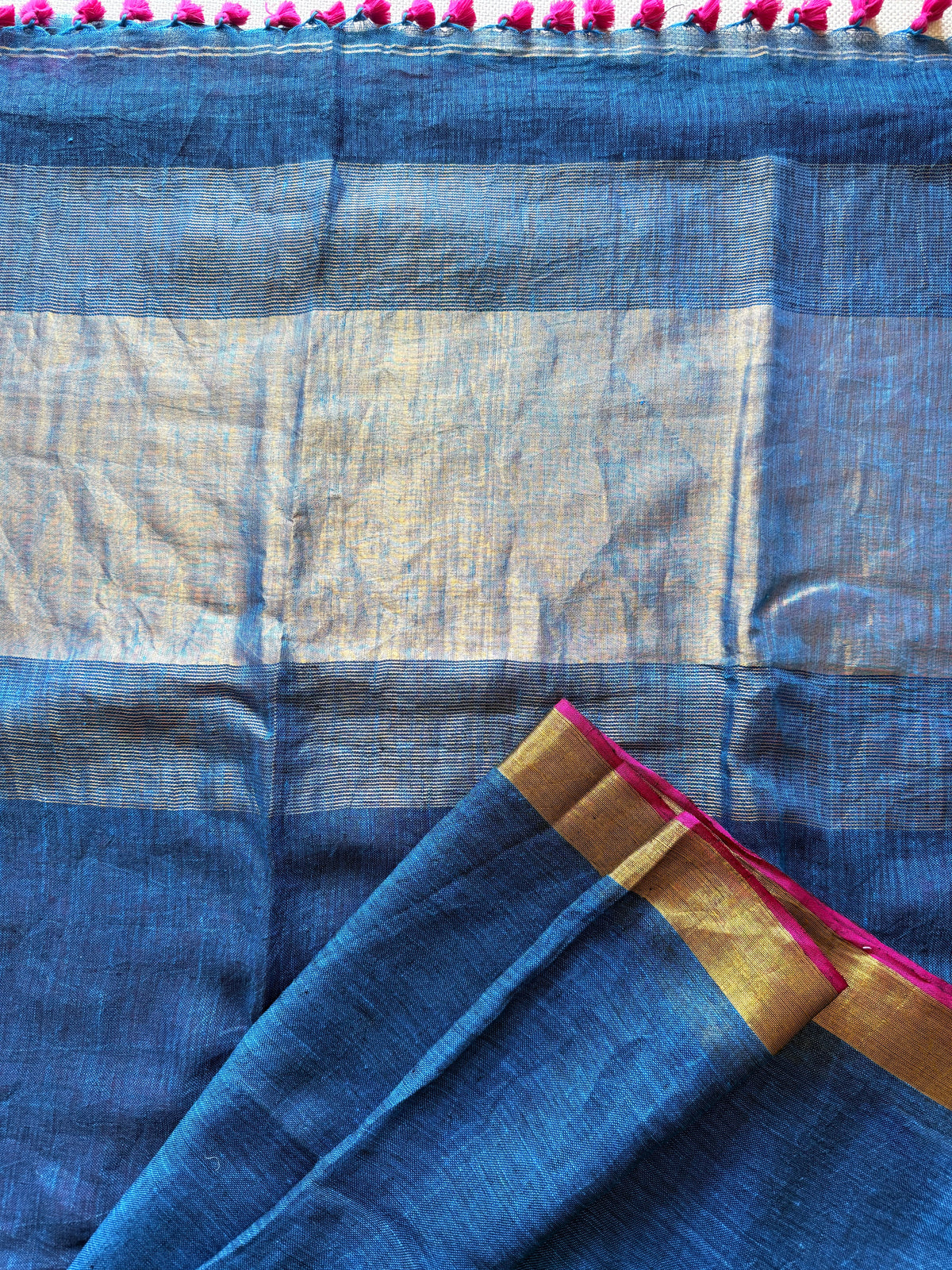 Peacock Blue Linen Saree