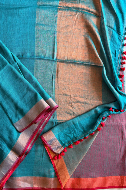 Teal Green Linen Saree