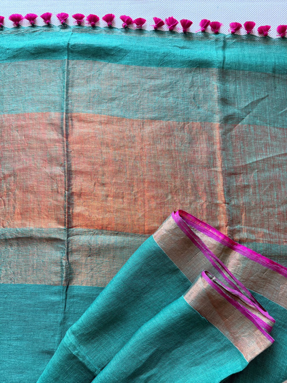 Green & Fuchsia Linen Saree