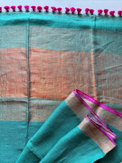 Green & Fuchsia Linen Saree