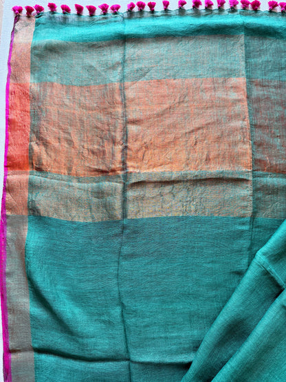 Green & Fuchsia Linen Saree