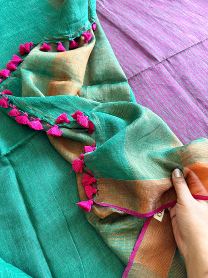 Green & Fuchsia Linen Saree