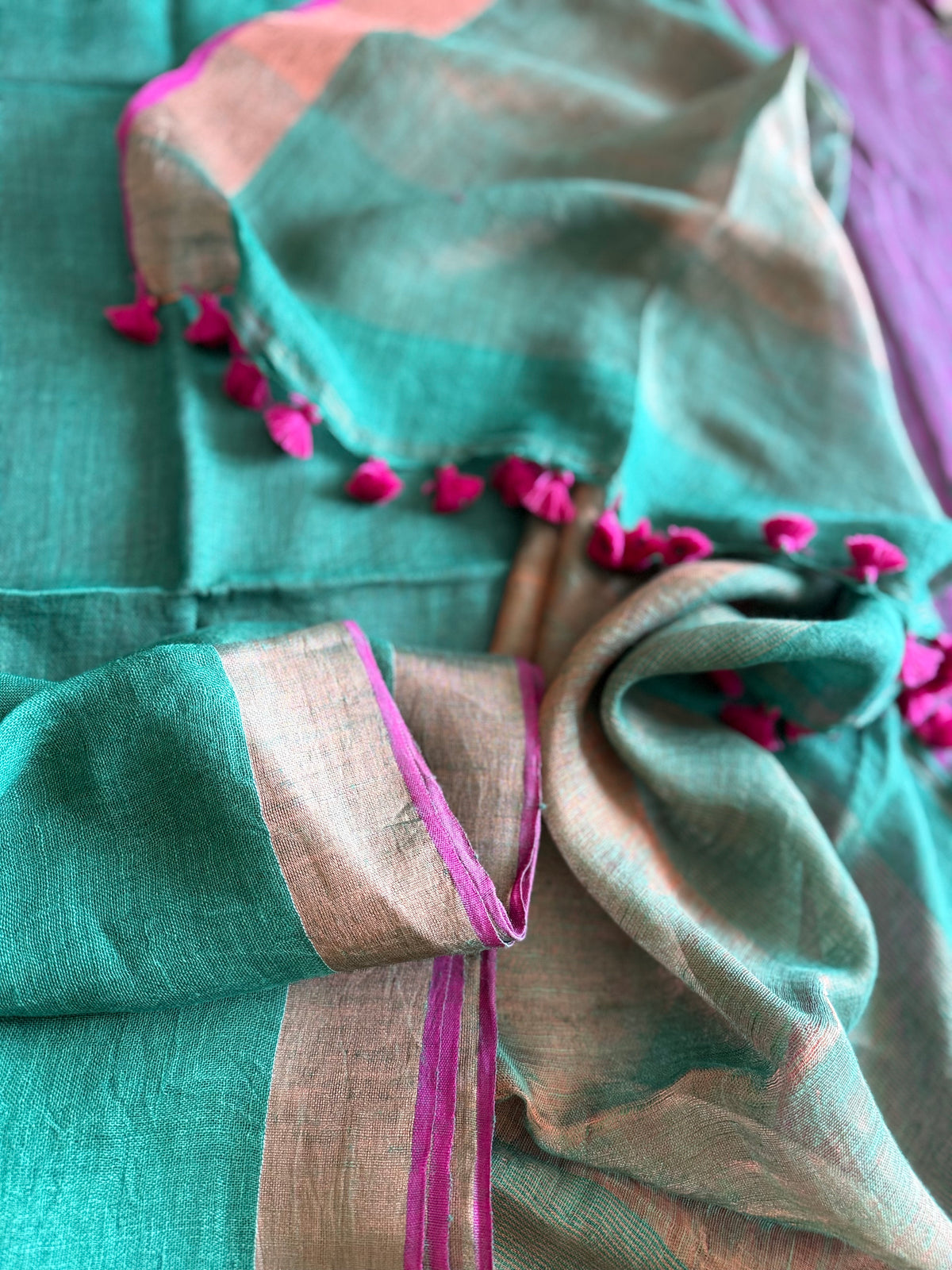 Green & Fuchsia Linen Saree