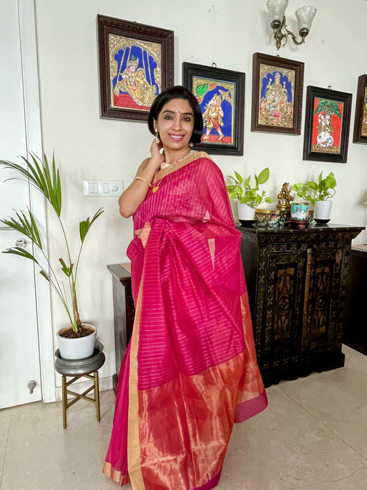 Fuchsia Gold Stripe Chanderi Cotton Silk Saree