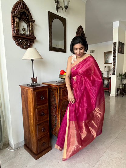 Fuchsia Gold Stripe Chanderi Cotton Silk Saree