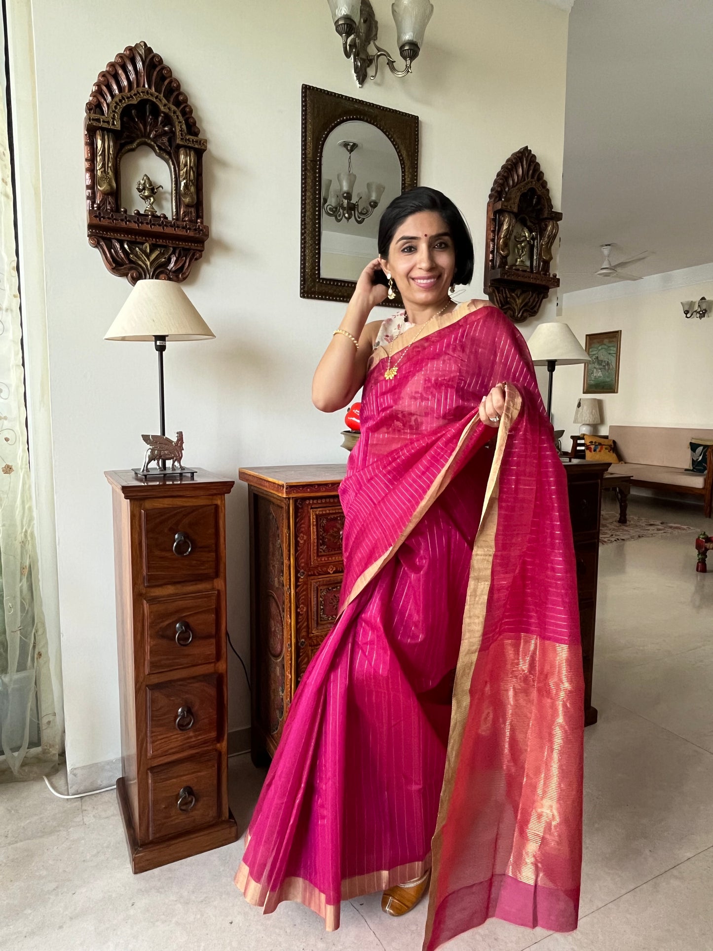 Fuchsia Gold Stripe Chanderi Cotton Silk Saree
