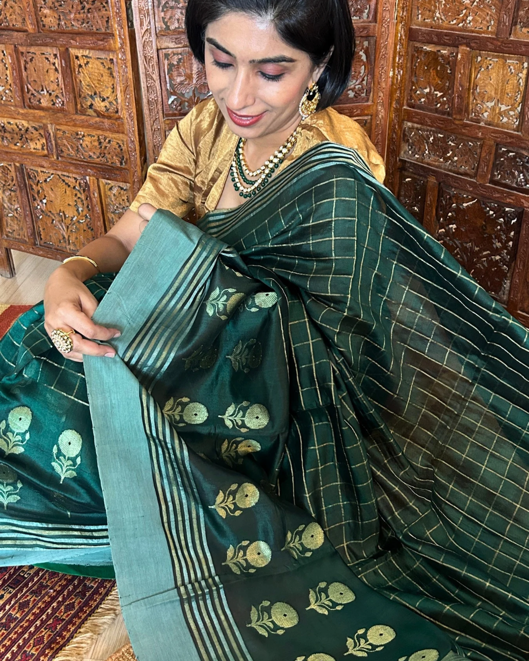 Checks and Flowers Bottle Green Chanderi Silk Saree