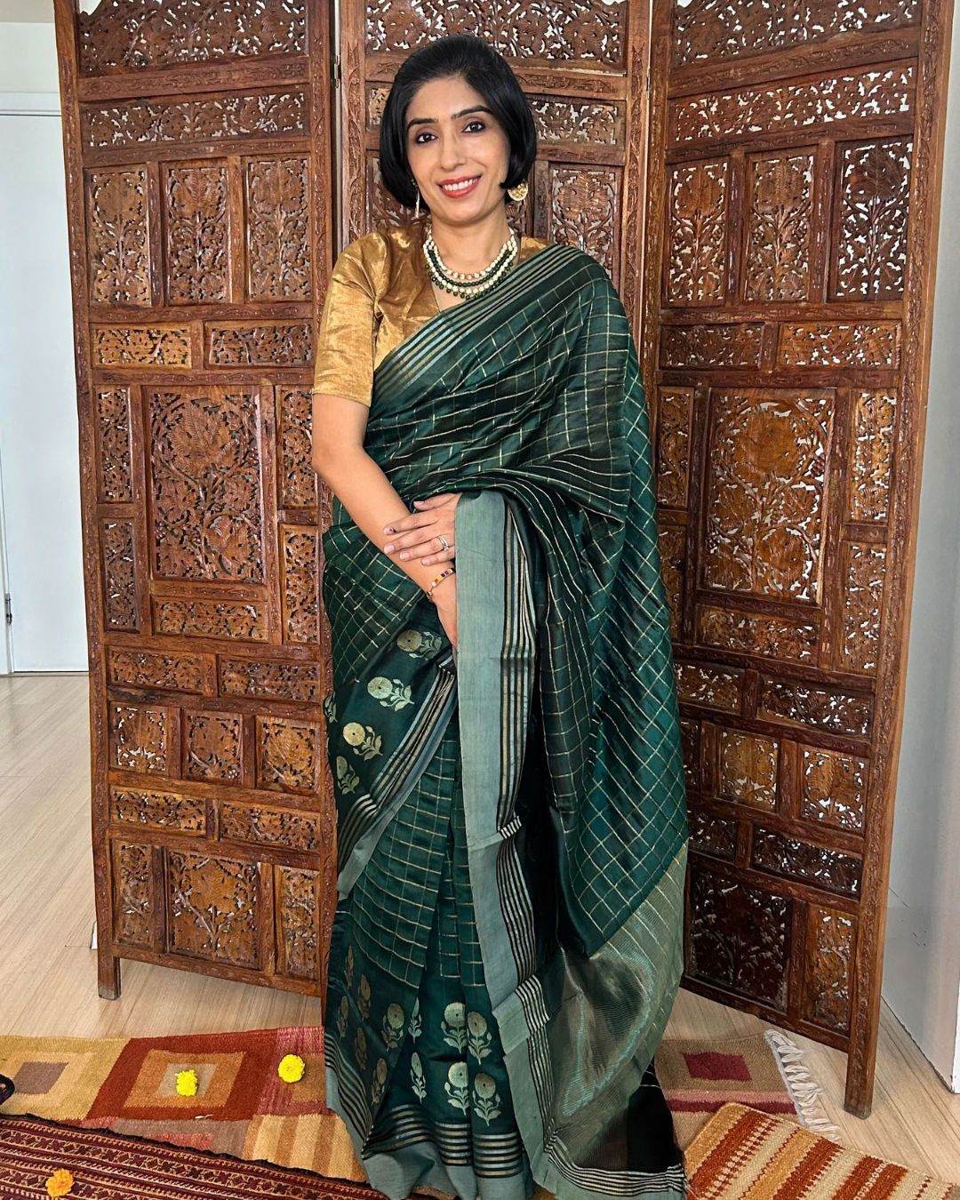 Checks and Flowers Bottle Green Chanderi Silk Saree