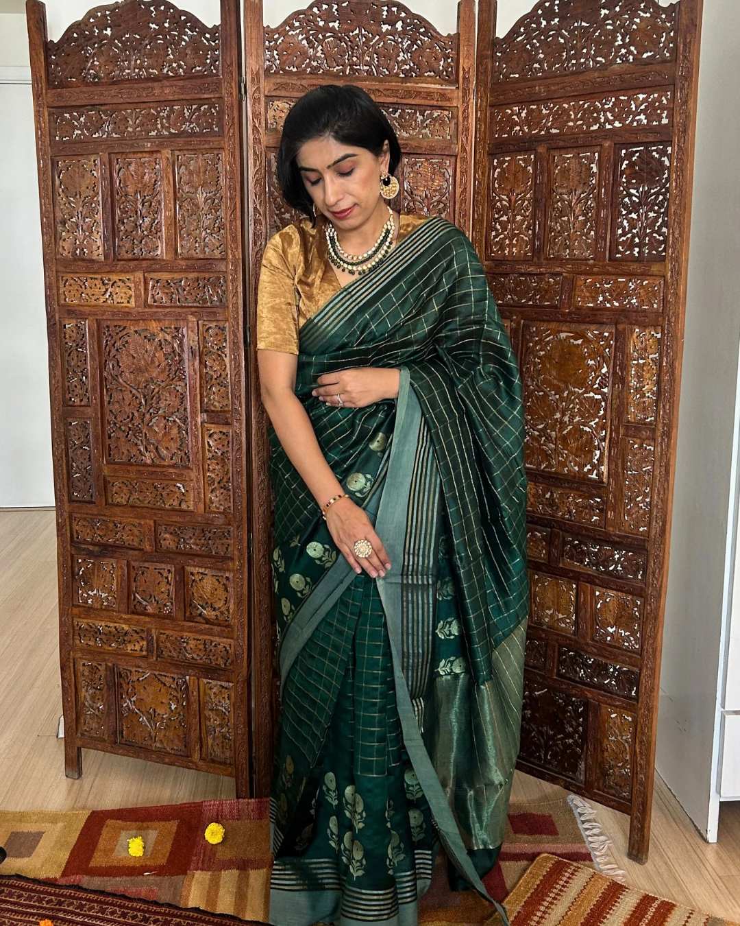 Checks and Flowers Bottle Green Chanderi Silk Saree