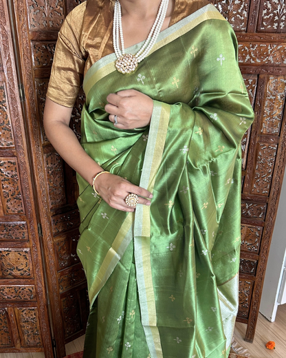 Green, Silver and Gold Eknaliya Booti Chanderi Saree