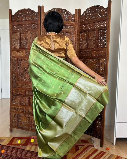 Green, Silver and Gold Eknaliya Booti Chanderi Saree
