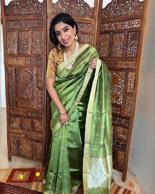 Green, Silver and Gold Eknaliya Booti Chanderi Saree