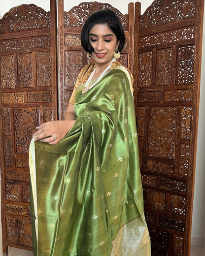 Green, Silver and Gold Eknaliya Booti Chanderi Saree