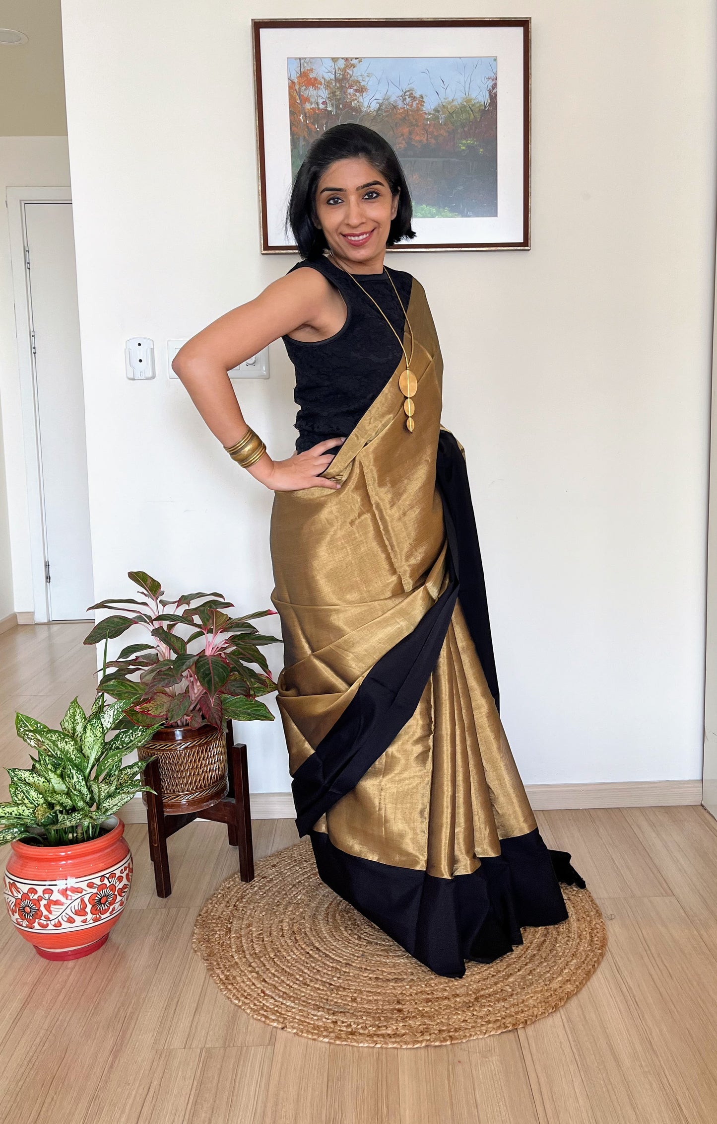Gold and Black Chanderi Tissue Saree