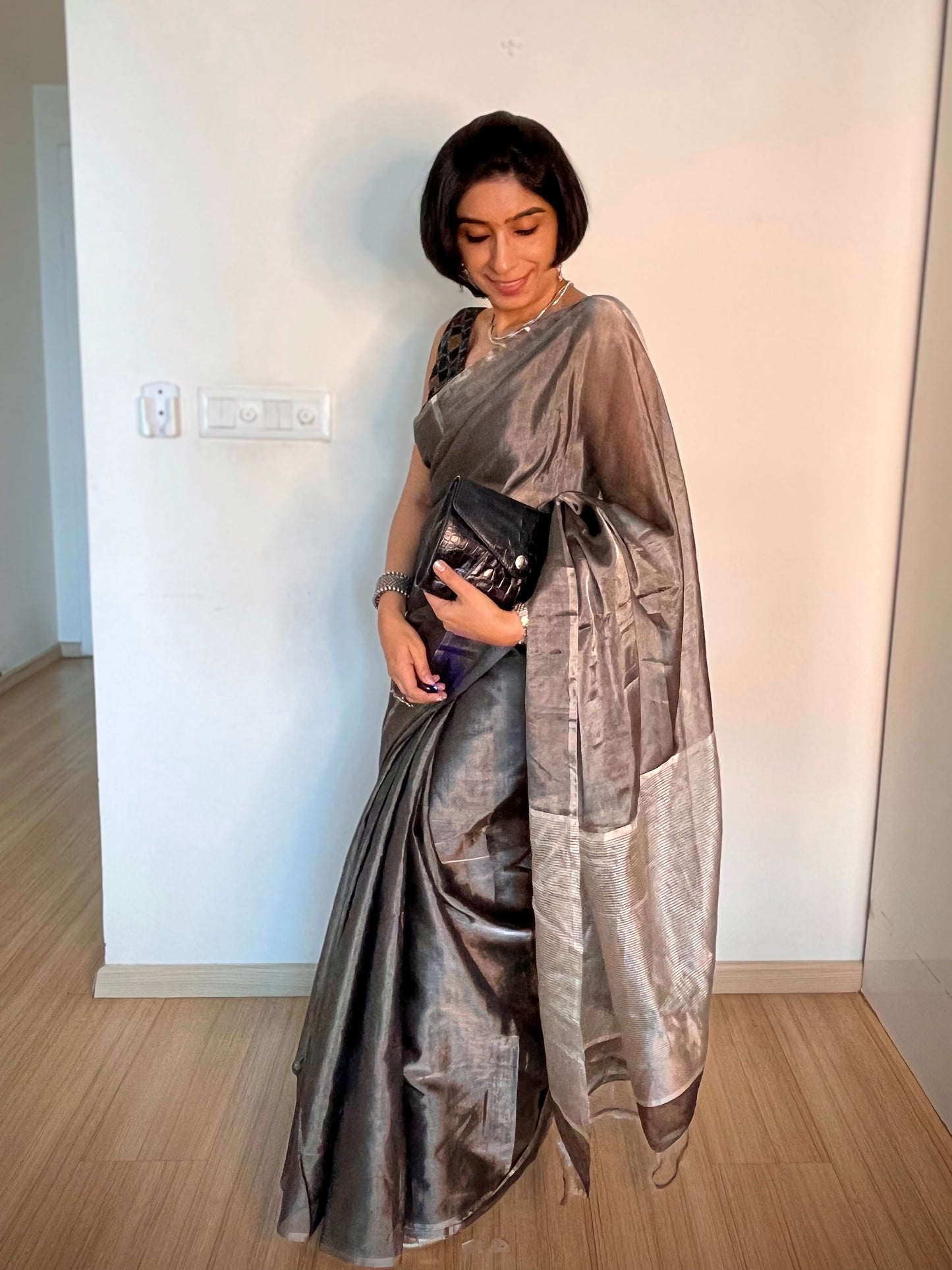Metallic Grey Silver Tissue Silk Saree