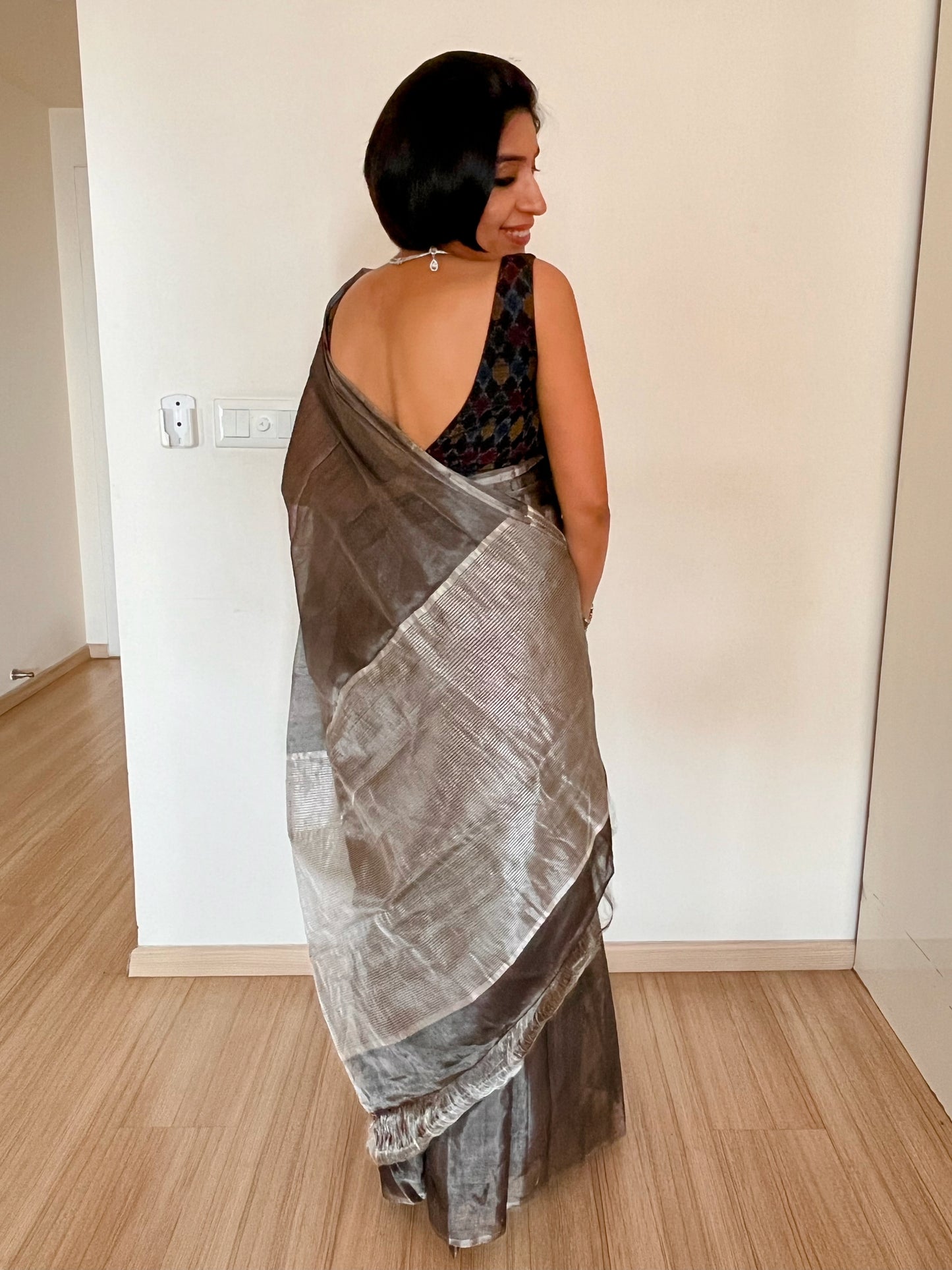 Metallic Grey Silver Tissue Silk Saree