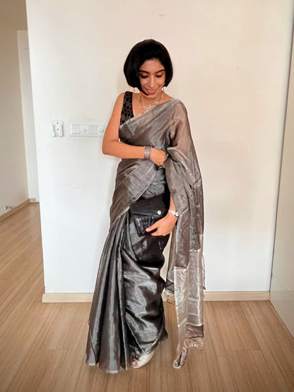 Metallic Grey Silver Tissue Silk Saree