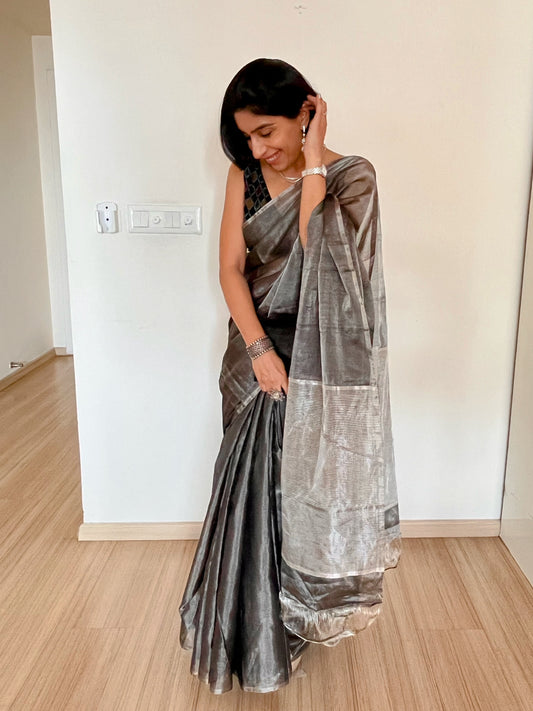 Metallic Grey Silver Tissue Silk Saree