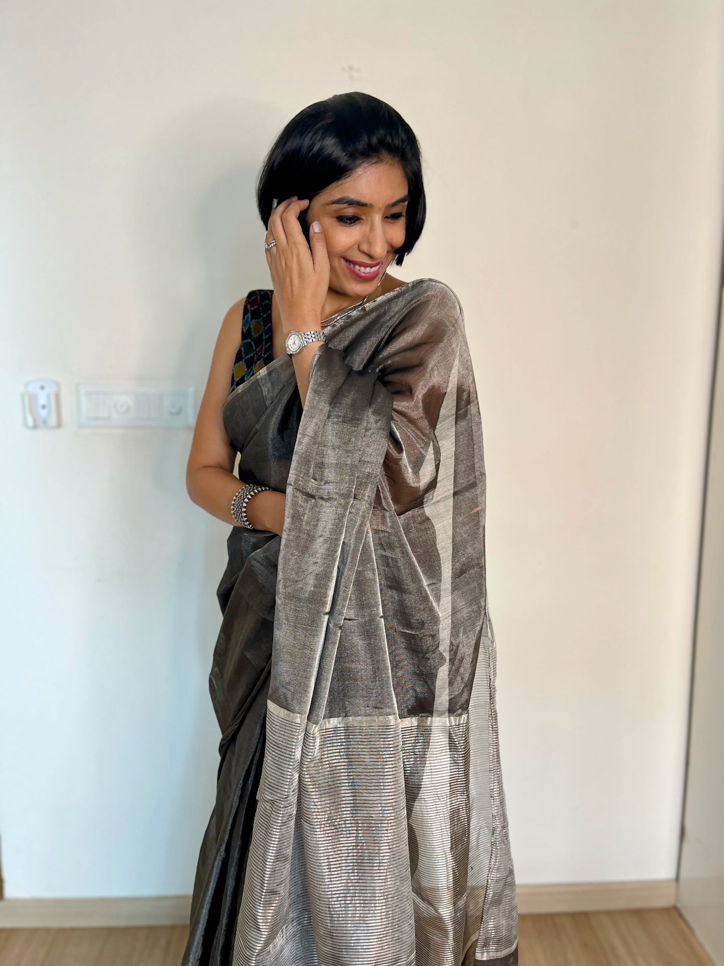 Metallic Grey Silver Tissue Silk Saree