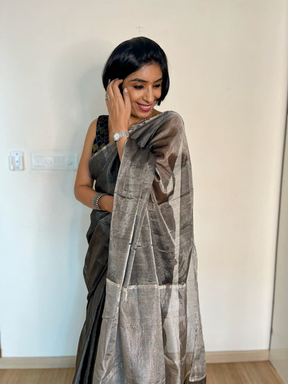 Metallic Grey Silver Tissue Silk Saree
