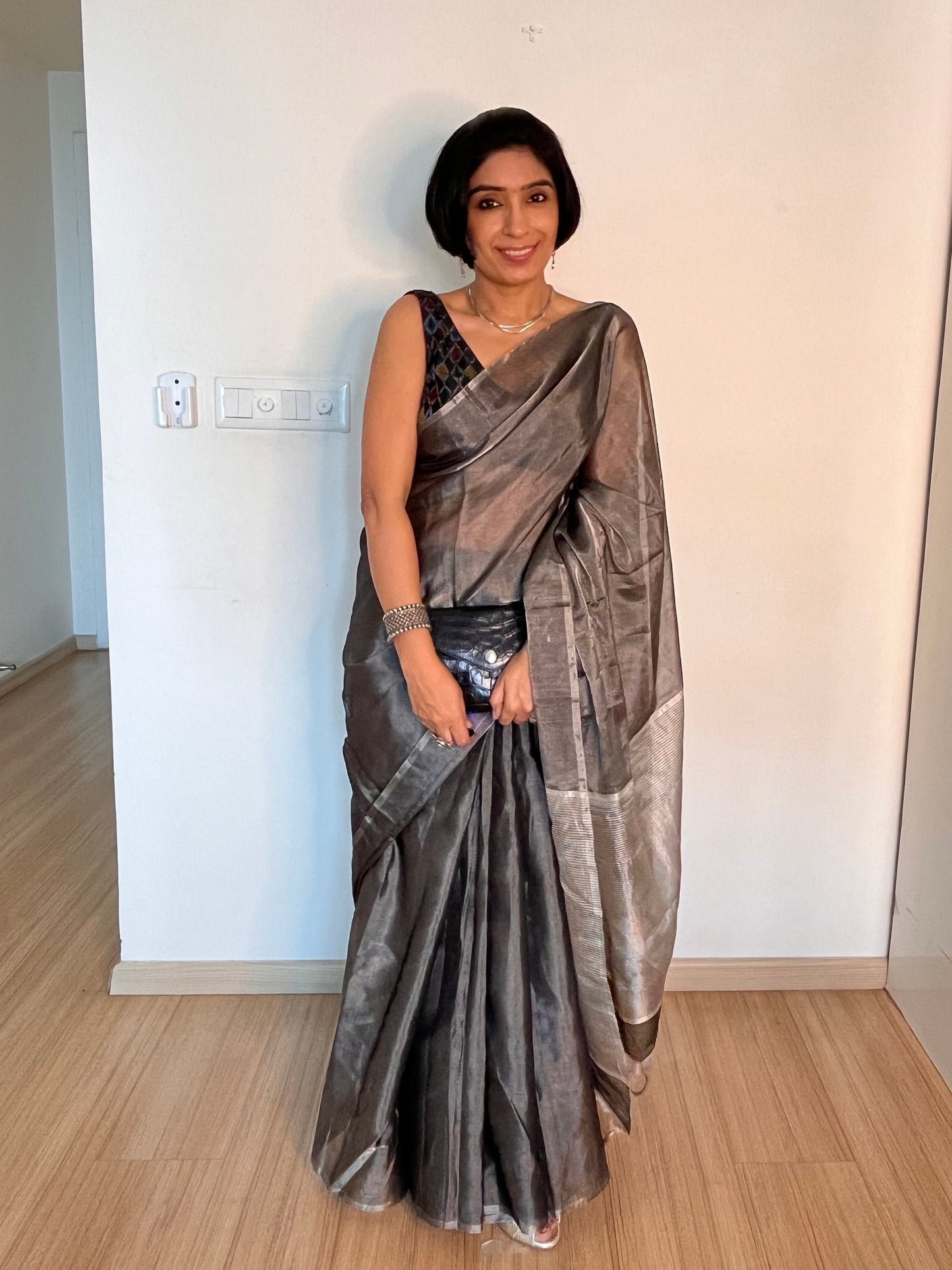 Metallic Grey Silver Tissue Silk Saree