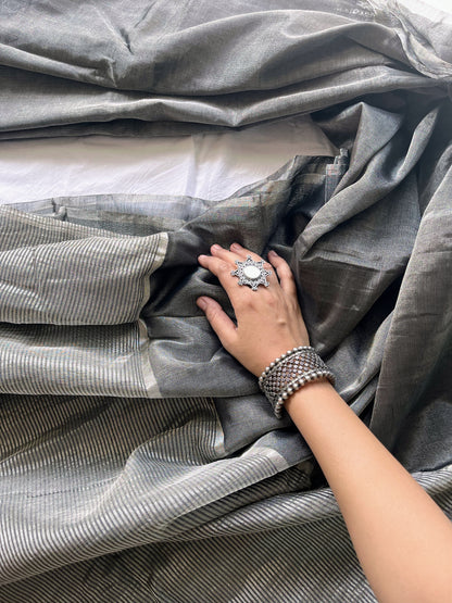 Metallic Grey Silver Tissue Silk Saree