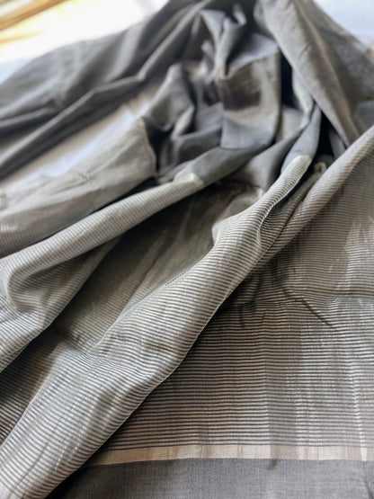 Metallic Grey Silver Tissue Silk Saree
