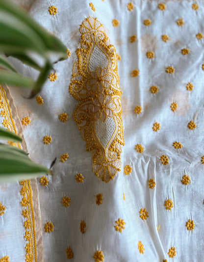 Ochre Yellow and White Chikankari Saree on Chanderi