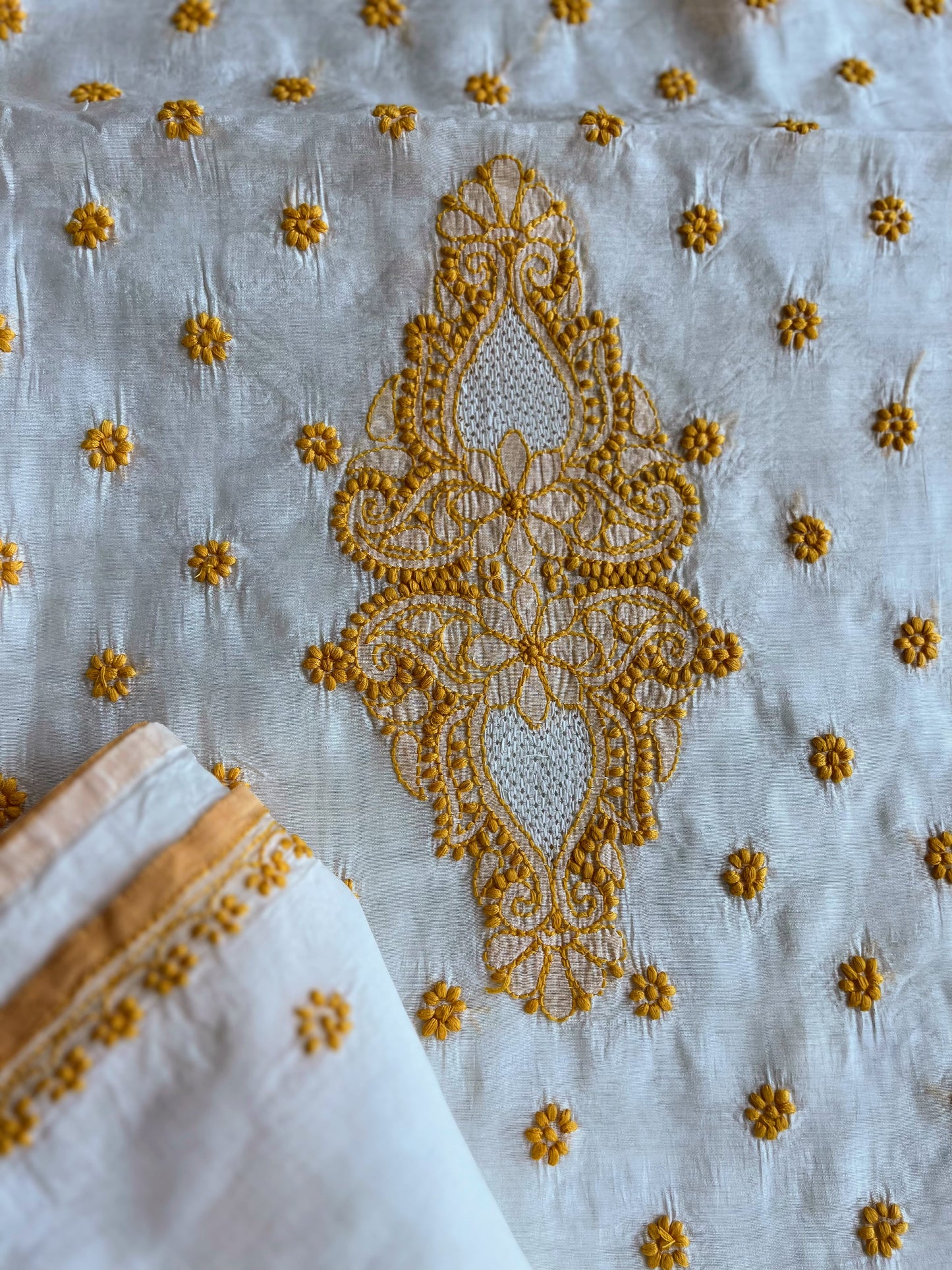 Ochre Yellow and White Chikankari Saree on Chanderi