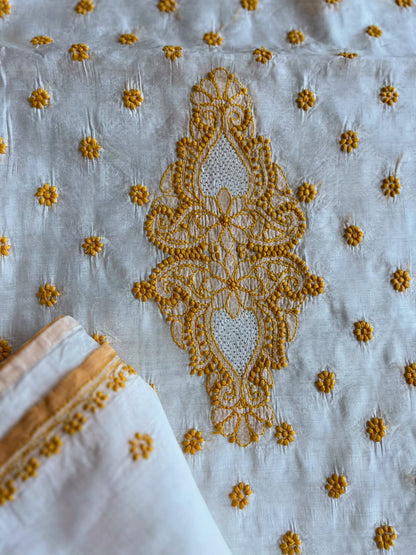 Ochre Yellow and White Chikankari Saree on Chanderi
