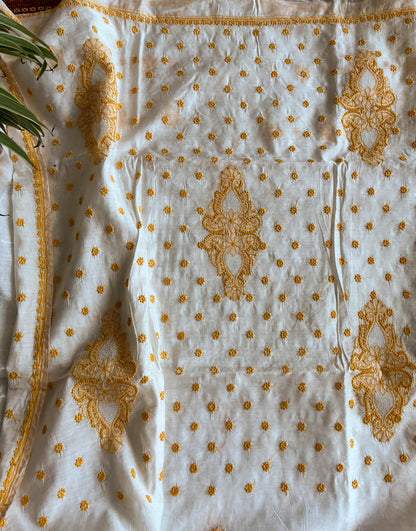 Ochre Yellow and White Chikankari Saree on Chanderi