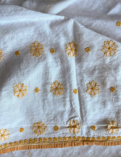 Ochre Yellow and White Chikankari Saree on Chanderi