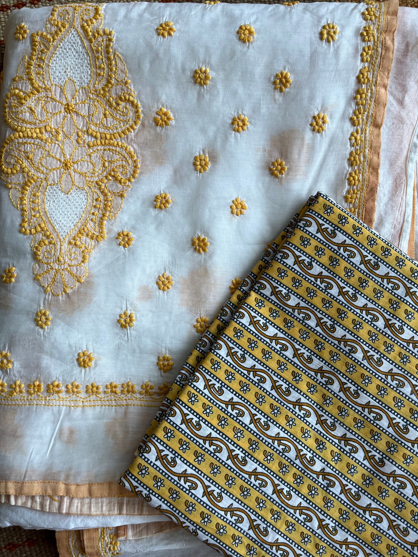 Ochre Yellow and White Chikankari Saree on Chanderi