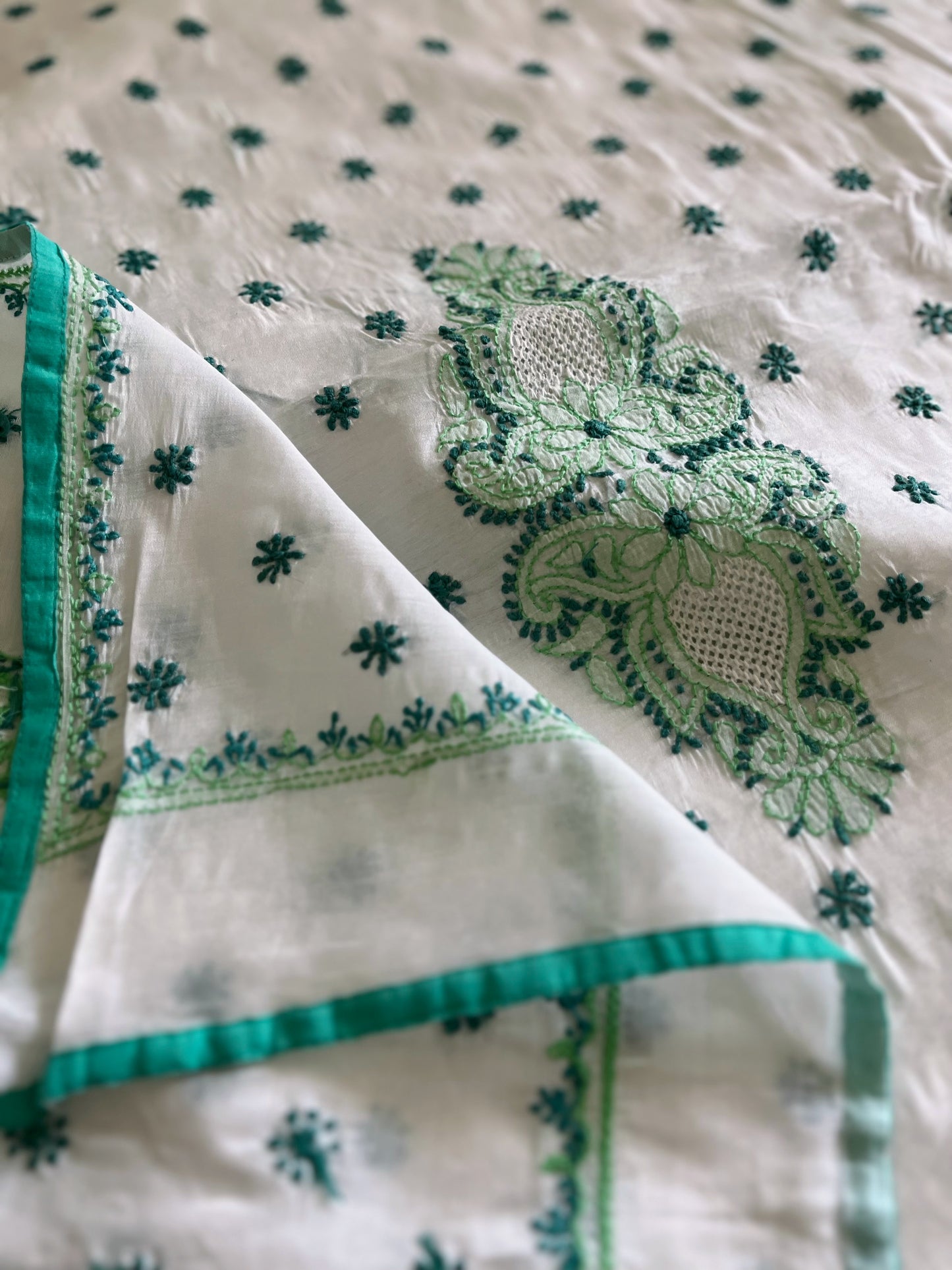 Sea Green and White Chikankari on Chanderi