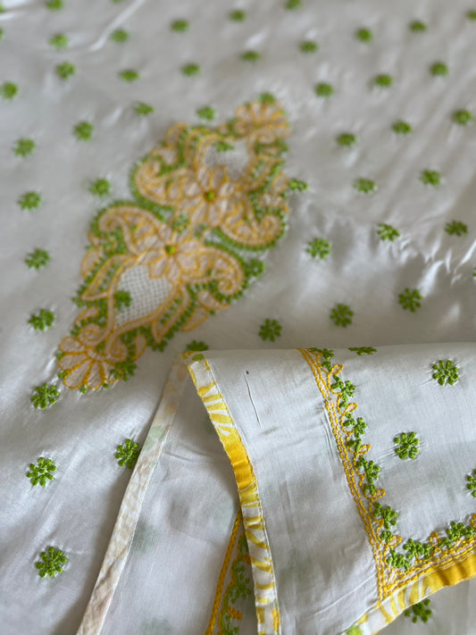 Yellow Green and White Chikankari on Chanderi