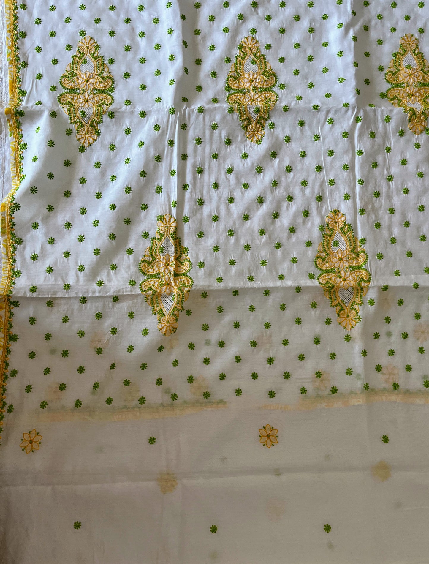 Yellow Green and White Chikankari on Chanderi