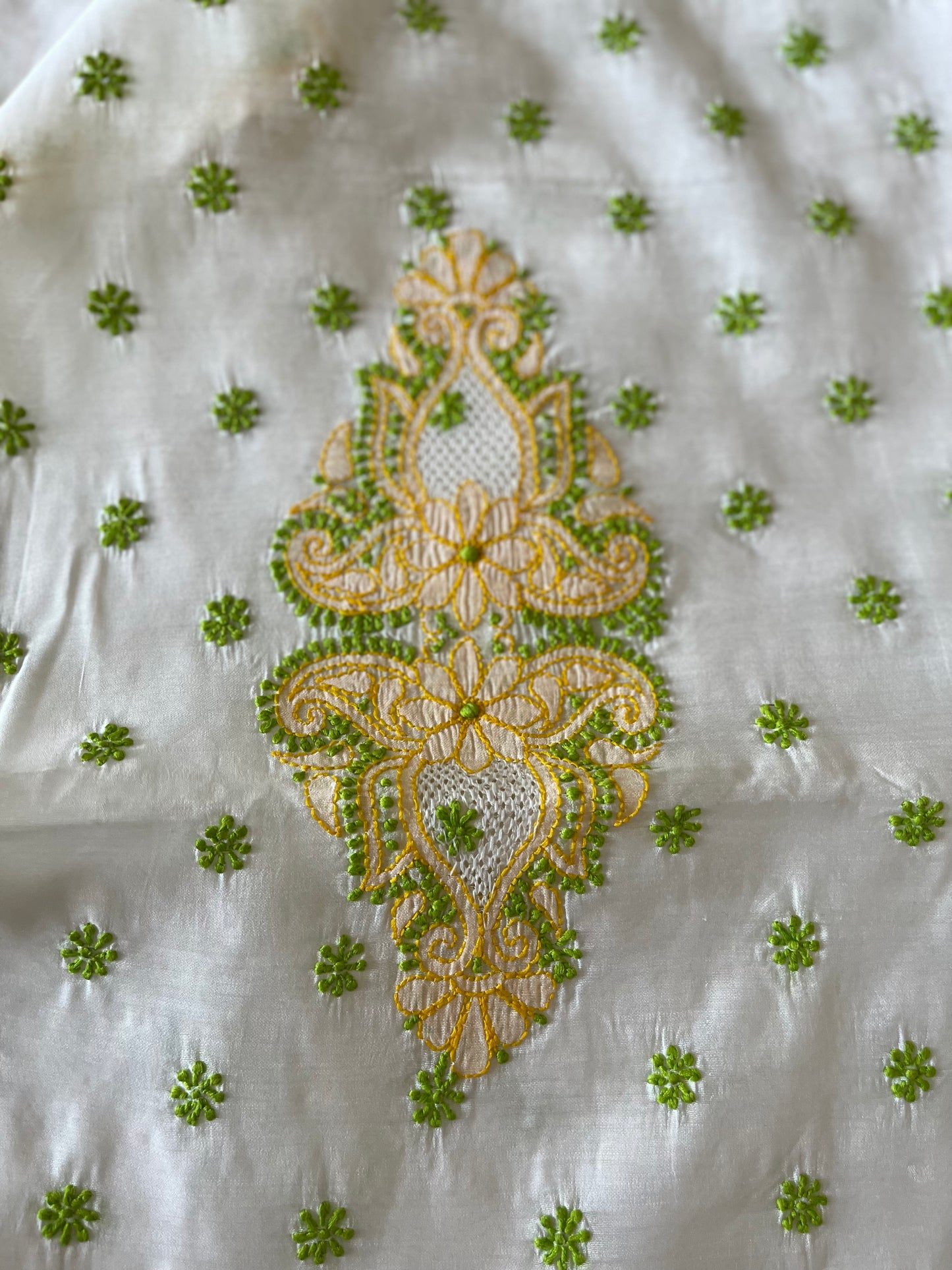 Yellow Green and White Chikankari on Chanderi