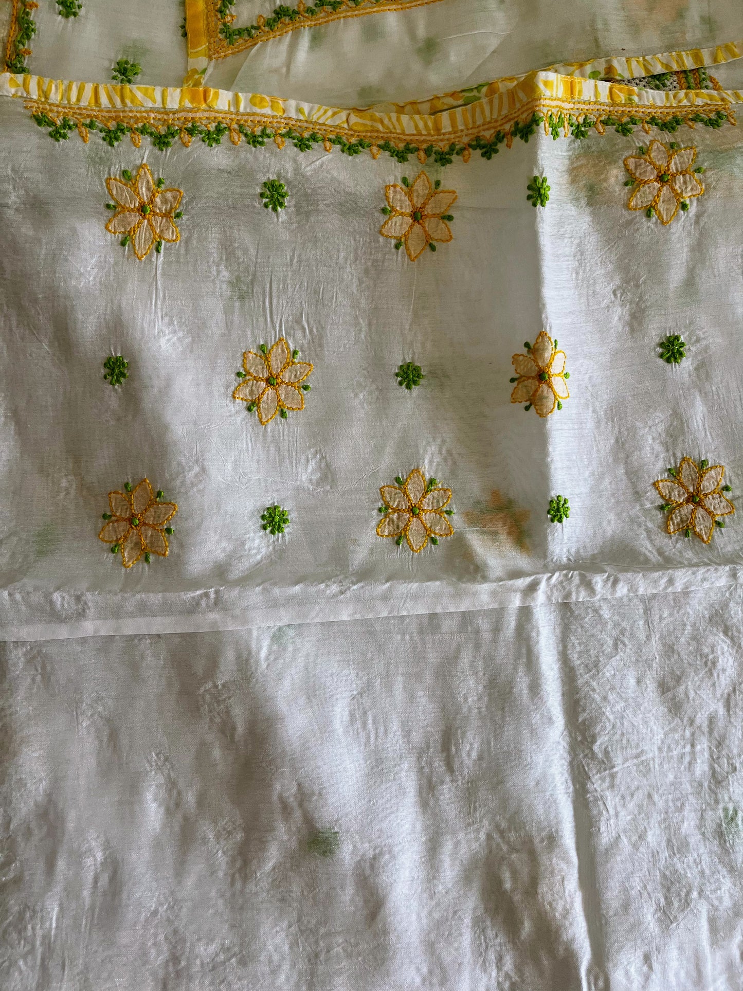 Yellow Green and White Chikankari on Chanderi