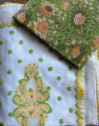 Yellow Green and White Chikankari on Chanderi