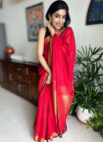 Chilli Red and Black Linen Saree
