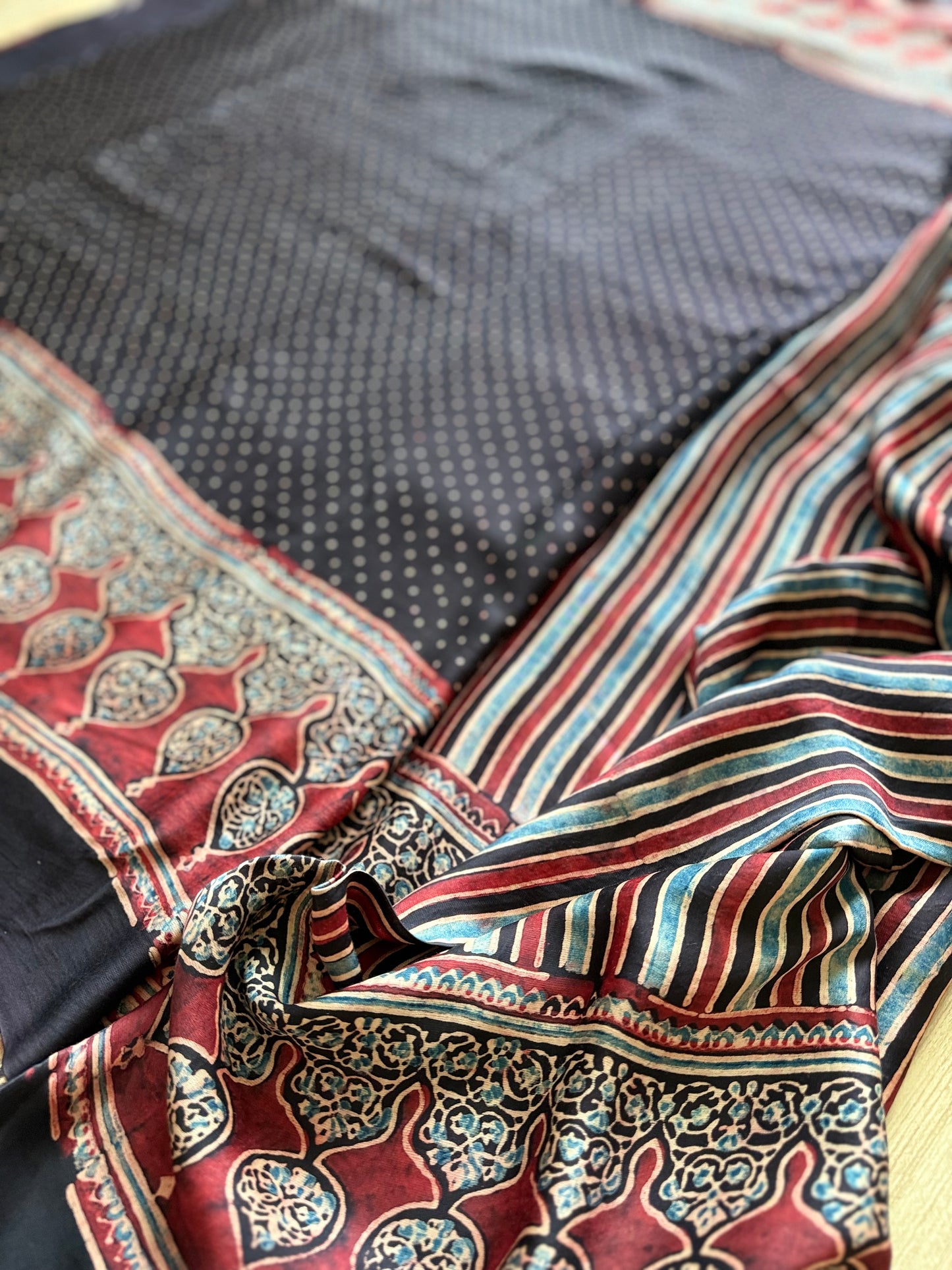 Striped Symphony Ajrakh Modal Silk Saree