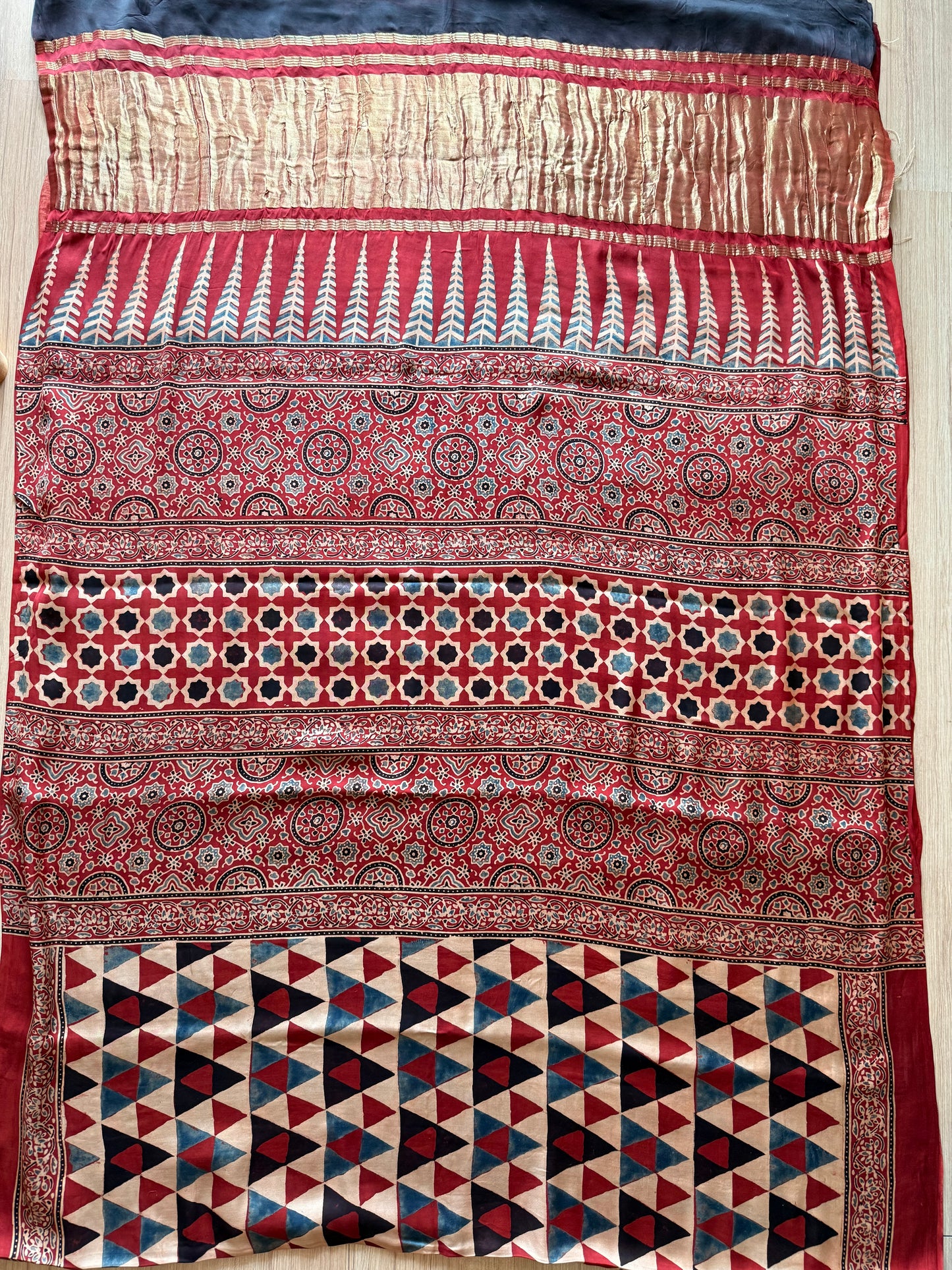 Red Geometric Ajrakh Print Modal Silk Saree