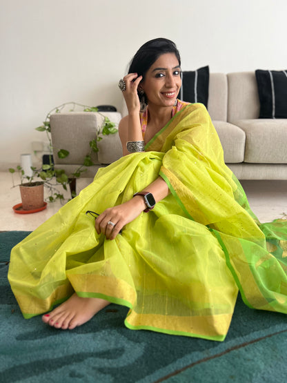 Lime 'n Lemony Silk Jamdani with Sequins